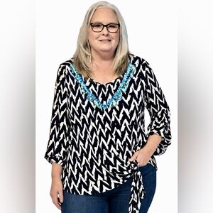 Rafaella Black and White Tie Front Blouse.
Pretty Embroidery around the collar